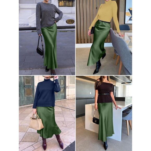 Women's Army Green Satin Dressy Casual Zipped High Waisted Flowy Silk Maxi Skirt - Picture 4 of 7